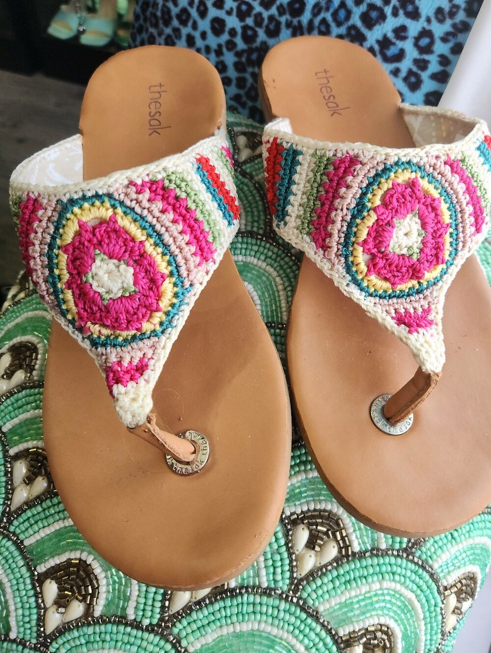 The Sak Shana Multicolor Crochet Thong Sandals - Pink, Teal, Cream, Yellow